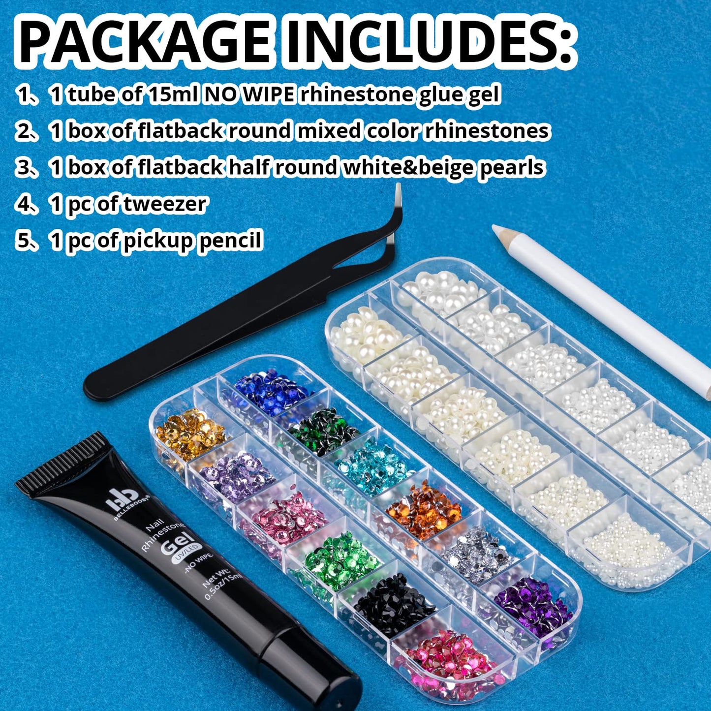 Nail Art Rhinestone Glue Gel&2 Boxes Flatback Gems Kit, 1 Tube of 15ml Rhinestone Gel Glue(UV/LED Needed)+Colorful Gems+Flat-Back Half Round White&Beige Pearls with Pickup Tools-Velvo Beauty
