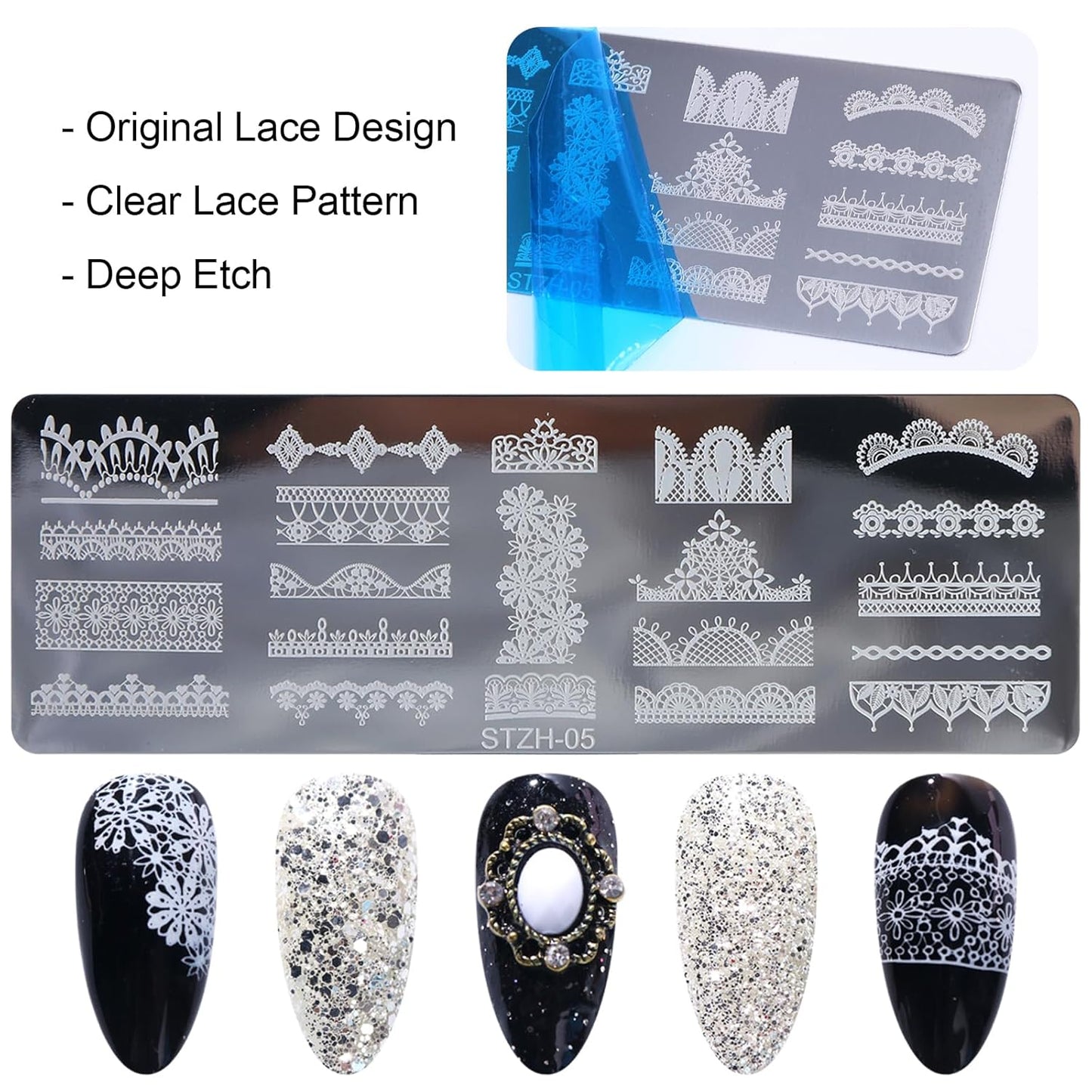 6pcs Lace Flower Design Nail Stamping Plate Kit With French Tip Nail Stamper Kit Ribbon Bow Knot Nail Stencil Reusable Stainless Steel Manicure Tool Nail Supplies for Salon DIY-Velvo Beauty