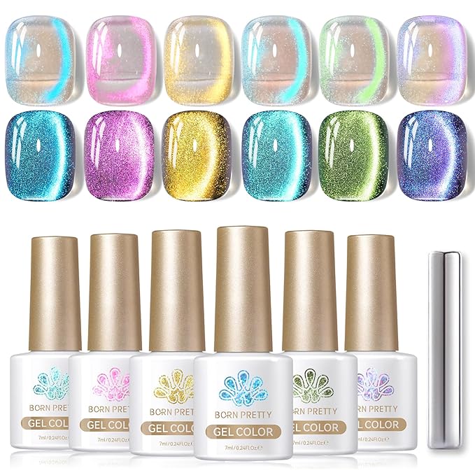 Born Pretty Cat Magnetic Eye Gel Nail Polish Aurora Mermaid Blue Purple Pink Yellow Red Gel Polish Glass Holographic Glitter Gel Nail Polish for Nail Art Manicure Salon DIY 6PCS 7ML-Velvo Beauty