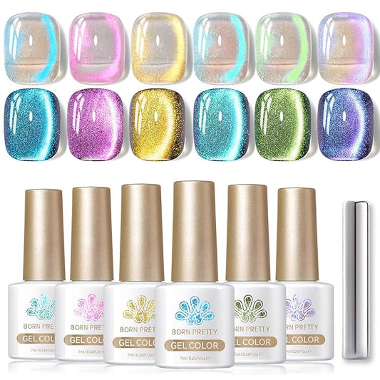 Born Pretty Cat Magnetic Eye Gel Nail Polish Aurora Mermaid Blue Purple Pink Yellow Red Gel Polish Glass Holographic Glitter Gel Nail Polish for Nail Art Manicure Salon DIY 6PCS 7ML-Velvo Beauty