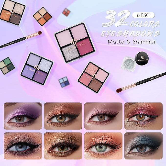 Color Nymph Beginners Makeup Kit With Train Case For Teenagers Girls, Full Starter Cosmetics Set Included 32 Colors Eyeshadow, Glitter Cream, Blush, Highlighter, Lip Gloss and Brush (Black)-Velvo Beauty