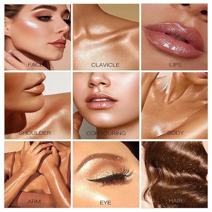 Shimmer Body Oil-Golden Brown Face Brighten Pearl Highlighter Liquid Illuminator Body Glow Oil,4 Color Bronze Makeup Glitter Body Shimmer Oil with Makeup Brush-Velvo Beauty