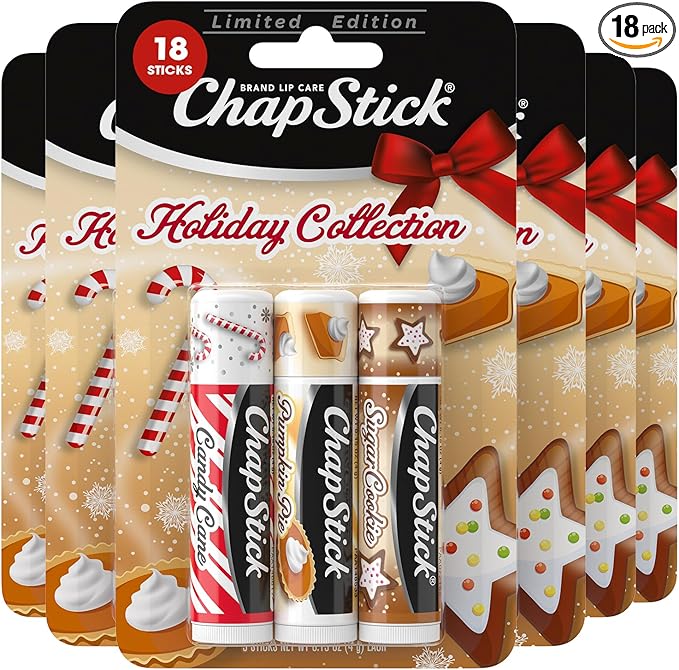 ChapStick Holiday Collection - Candy Cane, Pumpkin Pie & Sugar Cookie Flavors - Blister Pack of 3 Sticks 0.15 Each - Pack of 6 = 18 Sticks, Great Holiday Gift 3 Count (Pack of 6)-Velvo Beauty