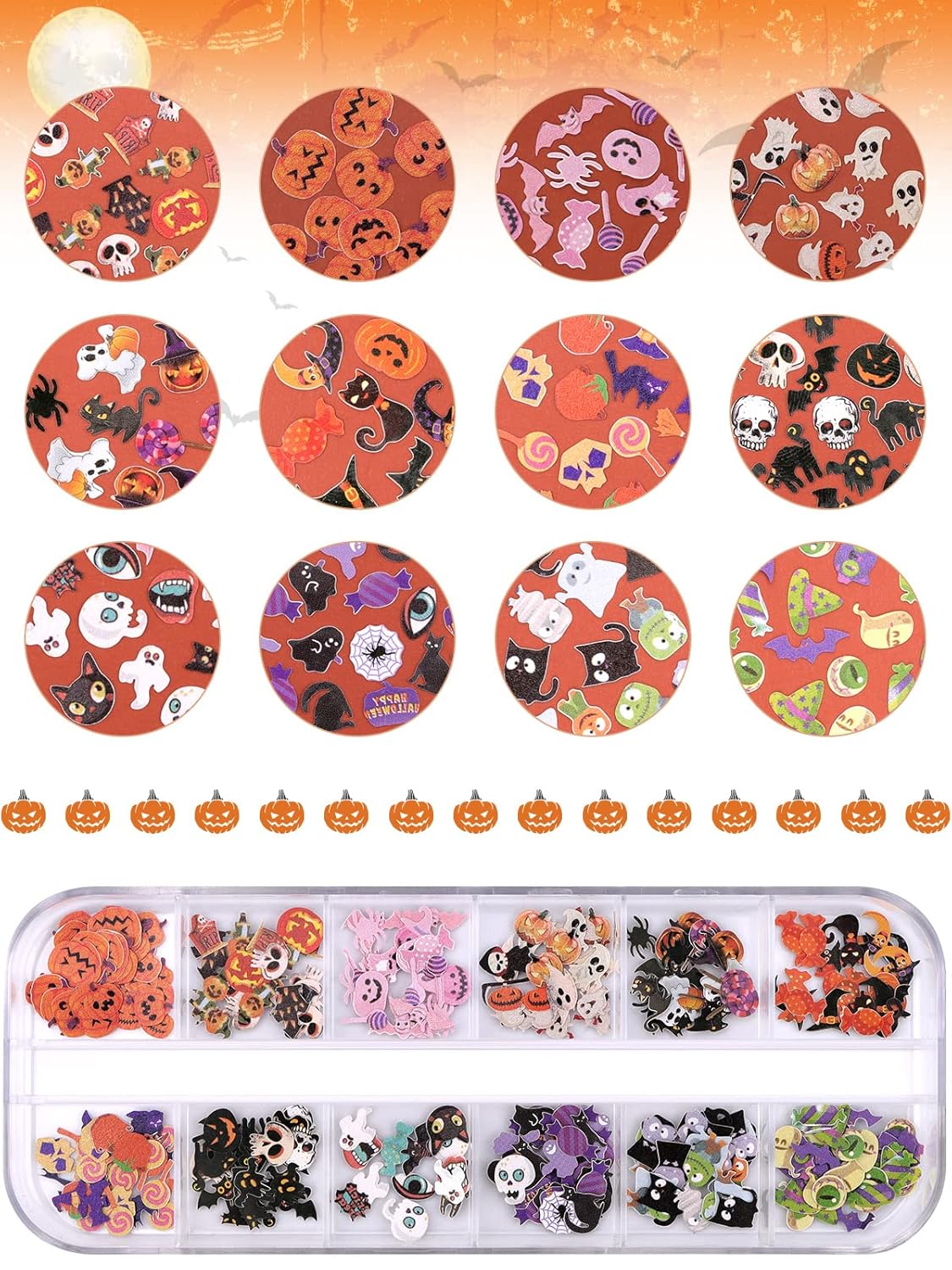 Kalolary Halloween Nail Art Sequins, 3D Skull Spider Pumpkin Bat Ghost Witch Stickers for Acrylic Nails, Halloween Wood Pulp Glitter Flakes for Nail Art Decorations-Velvo Beauty