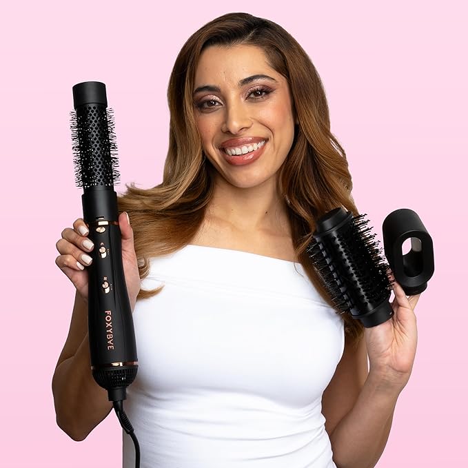 FoxyBae 3-in-1 Ceramic Interchangeable Hair Tools - Blowout Dryer - 3 Detachable Heads: 2.4" Blowout Brush, 1.5" Hot Round Brush & Drying Cylinder Hair Dryer Brush & Hair Styling Set [Black Rose-Gold]-Velvo Beauty