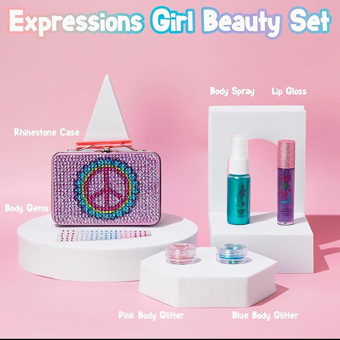 Expressions 6pc Peace & Rhinestones Beauty Set w/Tin Box Storage Case - Body Spray, Body Glitter, Mini Body Gems, and Lip Gloss Set,Washable + Non Toxic-Velvo Beauty