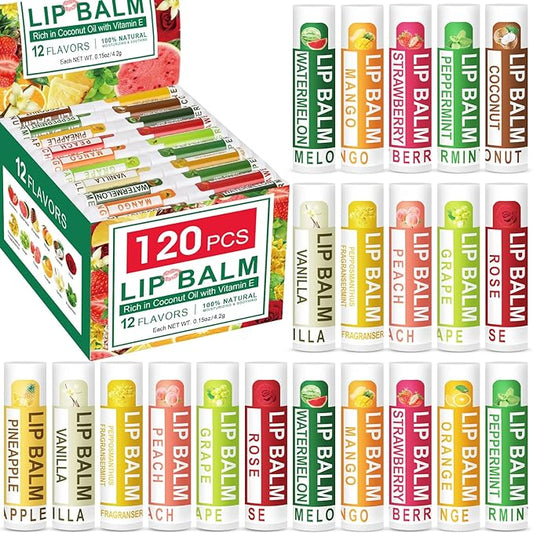 DMSKY 120 Pack Lip Balm, Natural Lip Balm Bulk with Vitamin E and Coconut Oil, Moisturizing Lip Balm for Dry Cracked Lips, Lip Balm for Stocking Stuffers - 12 Flavors-Velvo Beauty