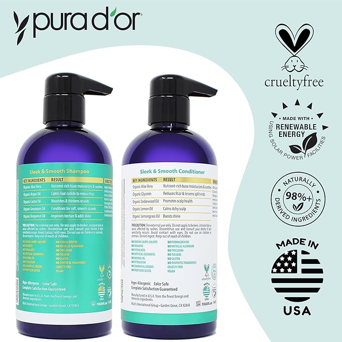 PURA D'OR Sleek & Smooth Shampoo and Conditioner Set For Frizz-Free & Silky Smooth Hair, Infused with Organic Aloe Vera, Argan Oil, Castor Oil, Bergamot Oil & Geranium Oil-Velvo Beauty