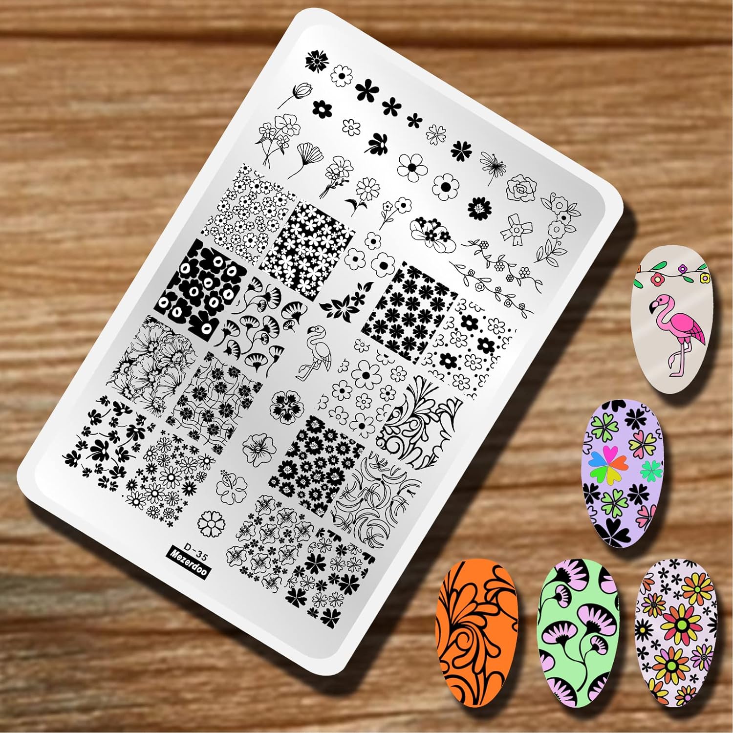 Flowers Leaf Nail Stamping Plates 2pcs Large Nail Stamper Plate Daisy Flower Flamingo Butterfly Image Stamp Templates Reusable Stencils Clover Plantillas Manicure Stamping Plate Template for Girls-Velvo Beauty
