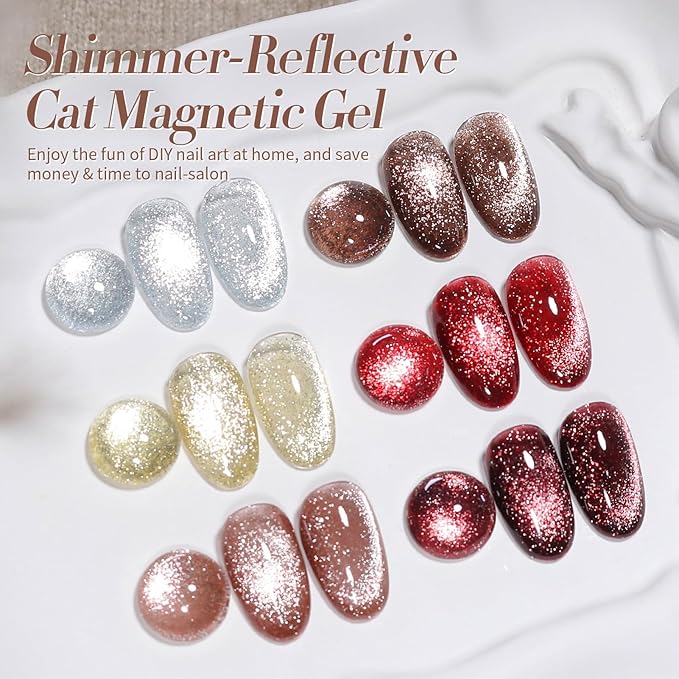 Born Pretty Cat Magnetic Eye Gel Nail Polish Reflective Glitter Gel Polish Red Silver Champagne Gold Glitter Gel Nail Polish 6PCS Set-Velvo Beauty