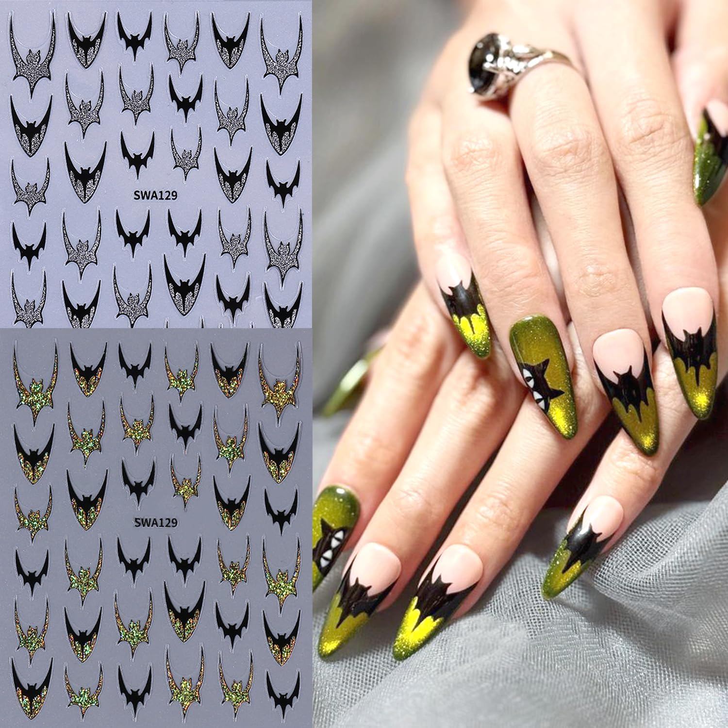 4pcs Halloween Bat Nails Art Stickers Glitter Holographic Gold Silver French Bat Design Adhesive Nail Decals Sliders Halloween French Sticker for Nails Supplies Accessories Y2K Manicure Decor-Velvo Beauty