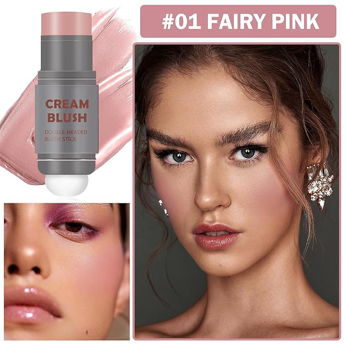 Cream Blush Stick with Sponge 3 in 1 Multi-Use Blush Makeup Stick Long Lasting Waterproof Natural Matte Cream Blush Stick for Cheeks, Lips and Eyes - Fairy Pink-Velvo Beauty