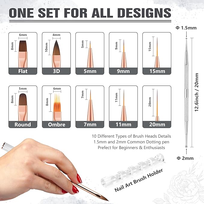 Nail Art Bushes Set, Professional 5Pcs Double-Ended Nail Brush Kit for Details, Long Lines, Ombre & 3D Design-Perfect for DIY Manicures & Salons (White)-Velvo Beauty