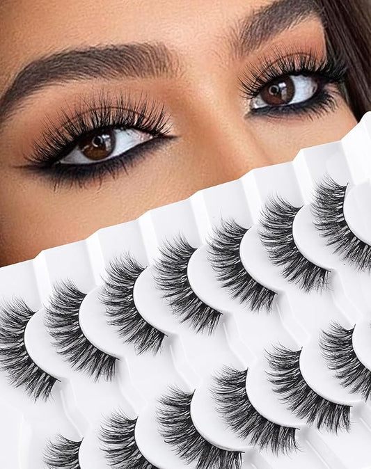 Lashes Wispy False Eyelashes Natural Look Fluffy Mink Lashes Doll Eyelashes Thick Faux Mink Eyelashes C Curl Fake Lashes 14MM 7 Pairs-Velvo Beauty