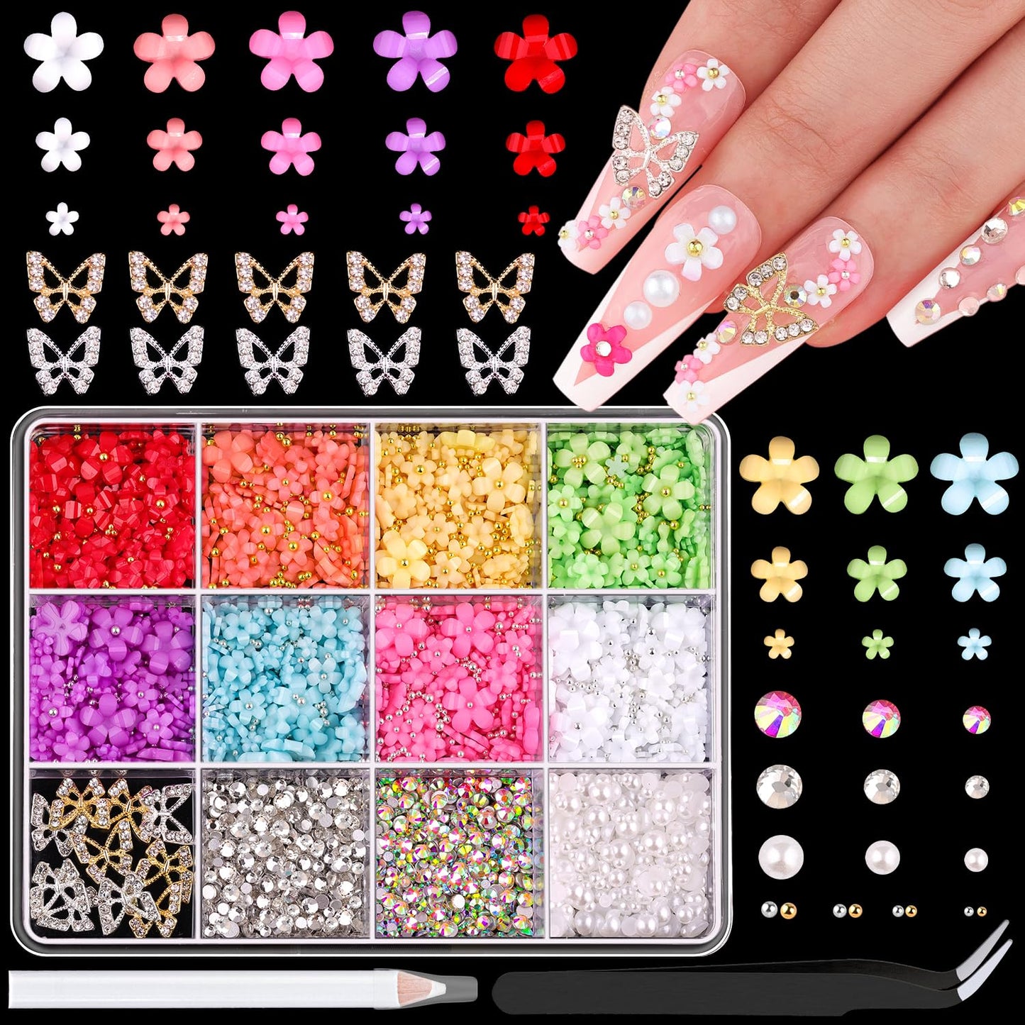 3D Nail Charms and Gems Set 11, 10PCS Gold and Silver Chunky Butterfly Nail Charms with Rhinestones, 3D Flowers for Nails, Flatback Crystals and Pearls + Picker Tool for Y2K Nail Decoration-Velvo Beauty