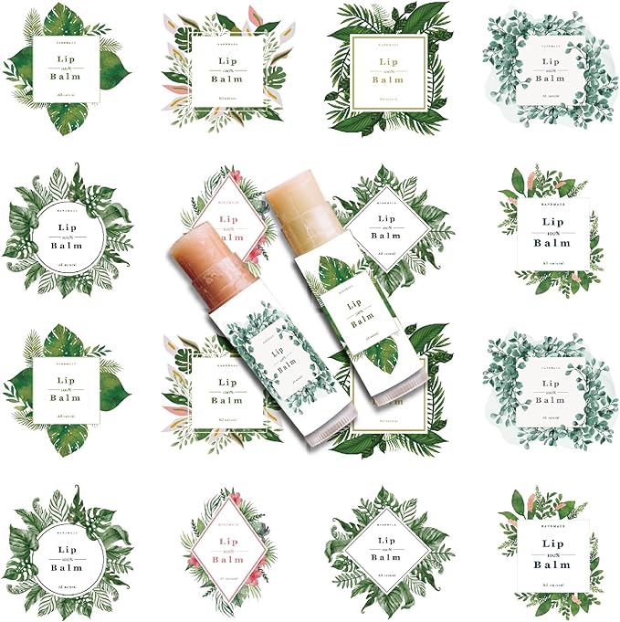 CRASPIRE 80Pcs 8 Styles Labels for Lip Balm Coated Paper Paster Tropical Plants Square Tubes Lip Balm Labels Stickers Natural Homemade Self-Adhesive Stickers Logo for Containers Cosmetics Lipsticks-Velvo Beauty