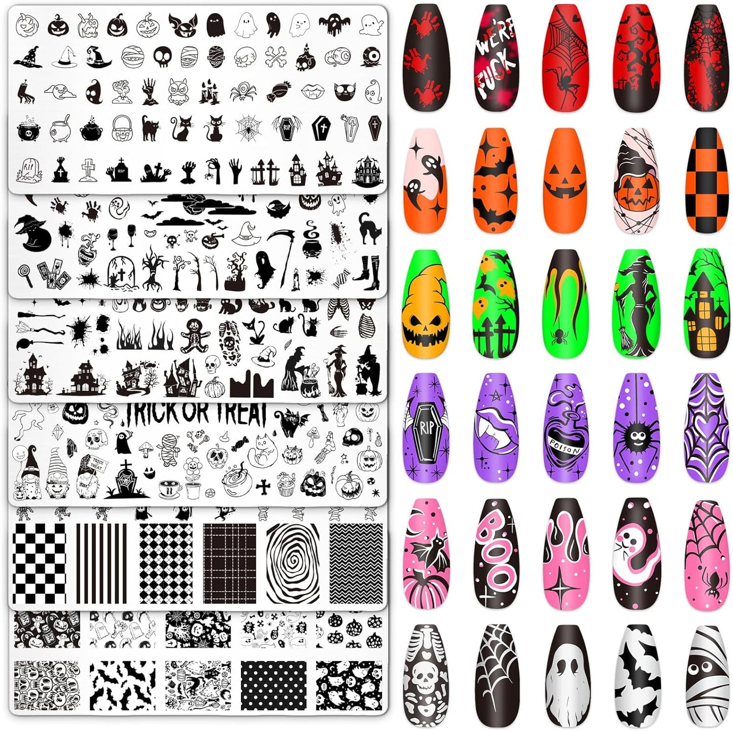 Whaline 6Pcs Halloween Nail Plates Stamping Set Pumpkin Ghost Bat Witch Stamp Templates Nail Art Plates for Trick or Treat Party DIY Print Manicure Salon Design-Velvo Beauty