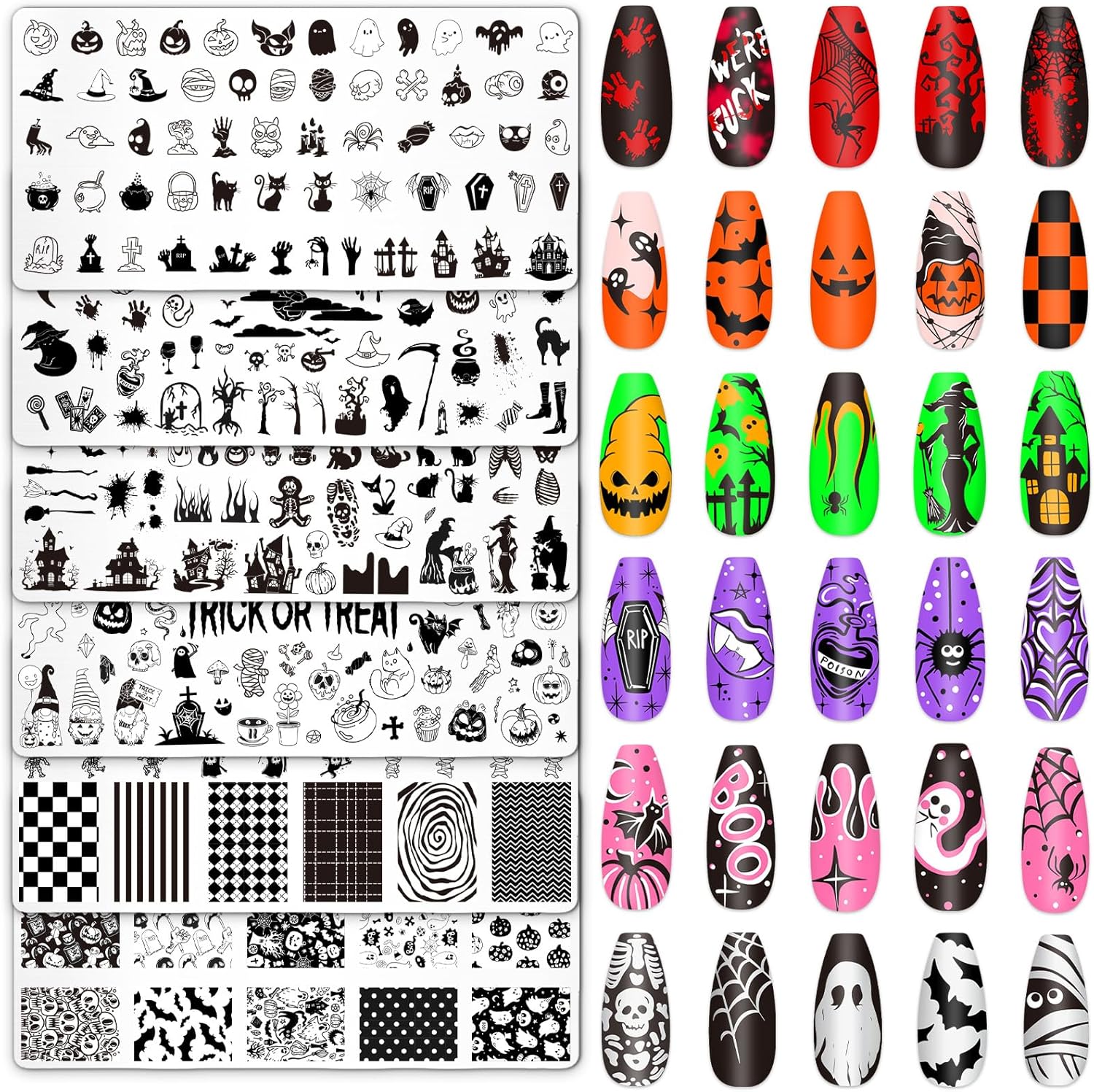 Whaline 6Pcs Halloween Nail Plates Stamping Set Pumpkin Ghost Bat Witch Stamp Templates Nail Art Plates for Trick or Treat Party DIY Print Manicure Salon Design-Velvo Beauty