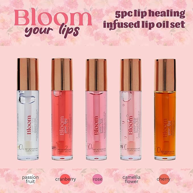 Expressions 5pc Lip Oil Set - Bloom Your Lips Style Essentials Lip Oils, Lip Healing Lip Oil Collection with Precision Applicator Wand | Moisturizing for Everyday Lip Care and Lip Repair (FLORAL)-Velvo Beauty