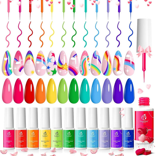 Beetles Summer Rainbow Nail Art Gel Liner Set, 12 Colors Neon Gel Nails Polish Pink Orange Blue Yellow Swirl Nails Built Thin Nail Art Brush in Bottle Soak Off Uv Lamp Manicure Salon Gifts for Women-Velvo Beauty