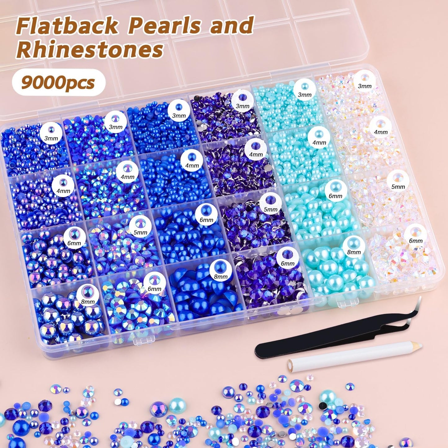 9000PCS Flatback Pearls and Rhinestones for Crafting, Dark Blue Mixed Size 3-10mm Resin Rhinestones and Half Pearls for Bedazzling, Nail Art and Decoration with Tweezer and Pickup Pencil-Velvo Beauty