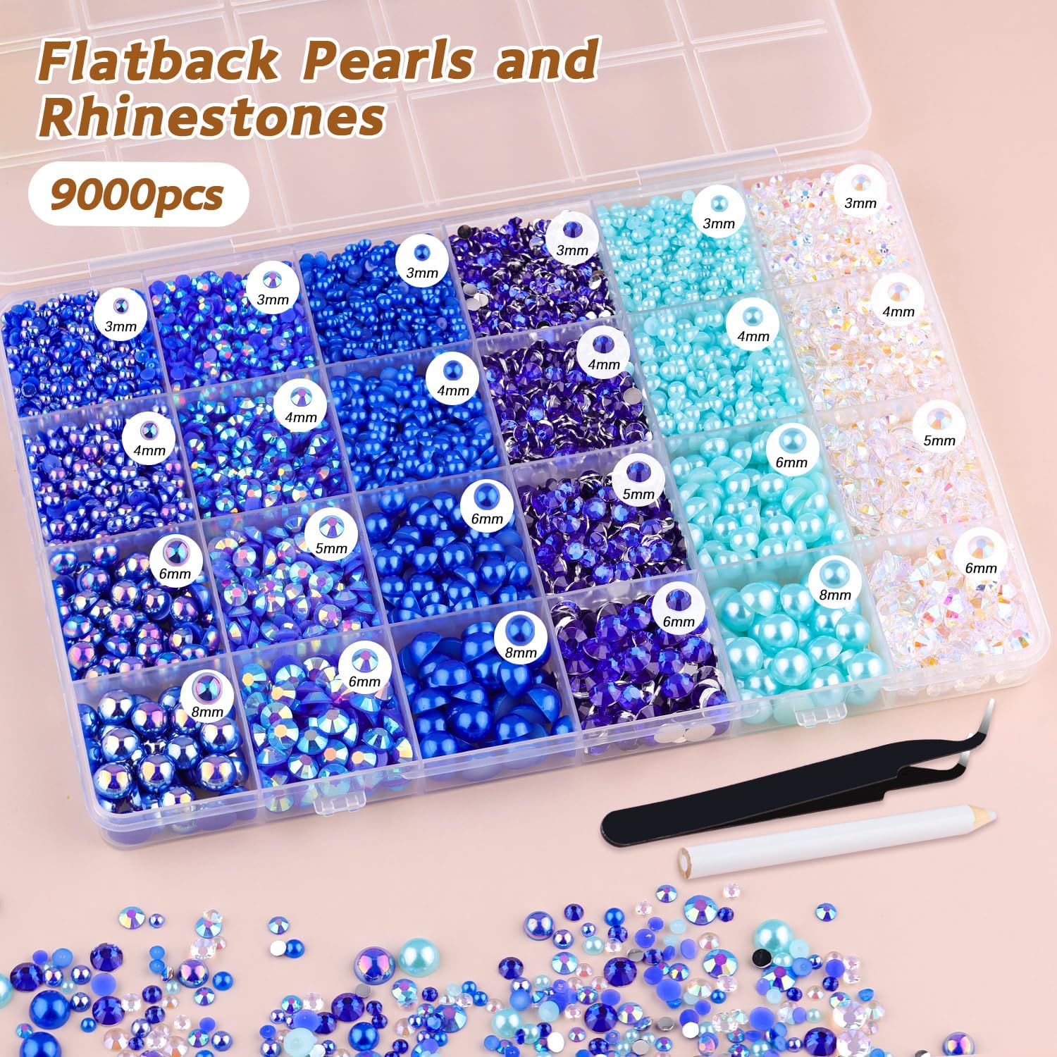9000PCS Flatback Pearls and Rhinestones for Crafting, Dark Blue Mixed Size 3-10mm Resin Rhinestones and Half Pearls for Bedazzling, Nail Art and Decoration with Tweezer and Pickup Pencil-Velvo Beauty
