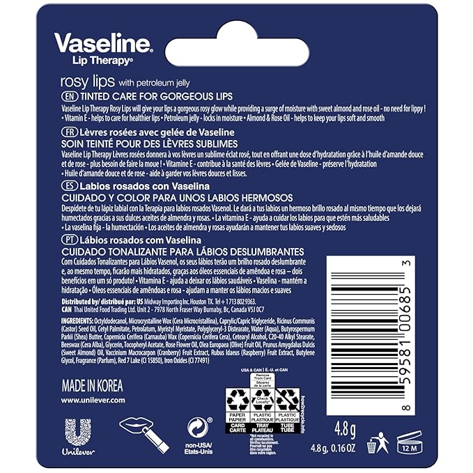 Vaseline Lip Therapy Rosy Lips - Hydrating Lip Balm Pack, Vaseline Stick, Lip Moisturizer for Dry Lips, 0.16 Oz Each (Pack of 8)-Velvo Beauty