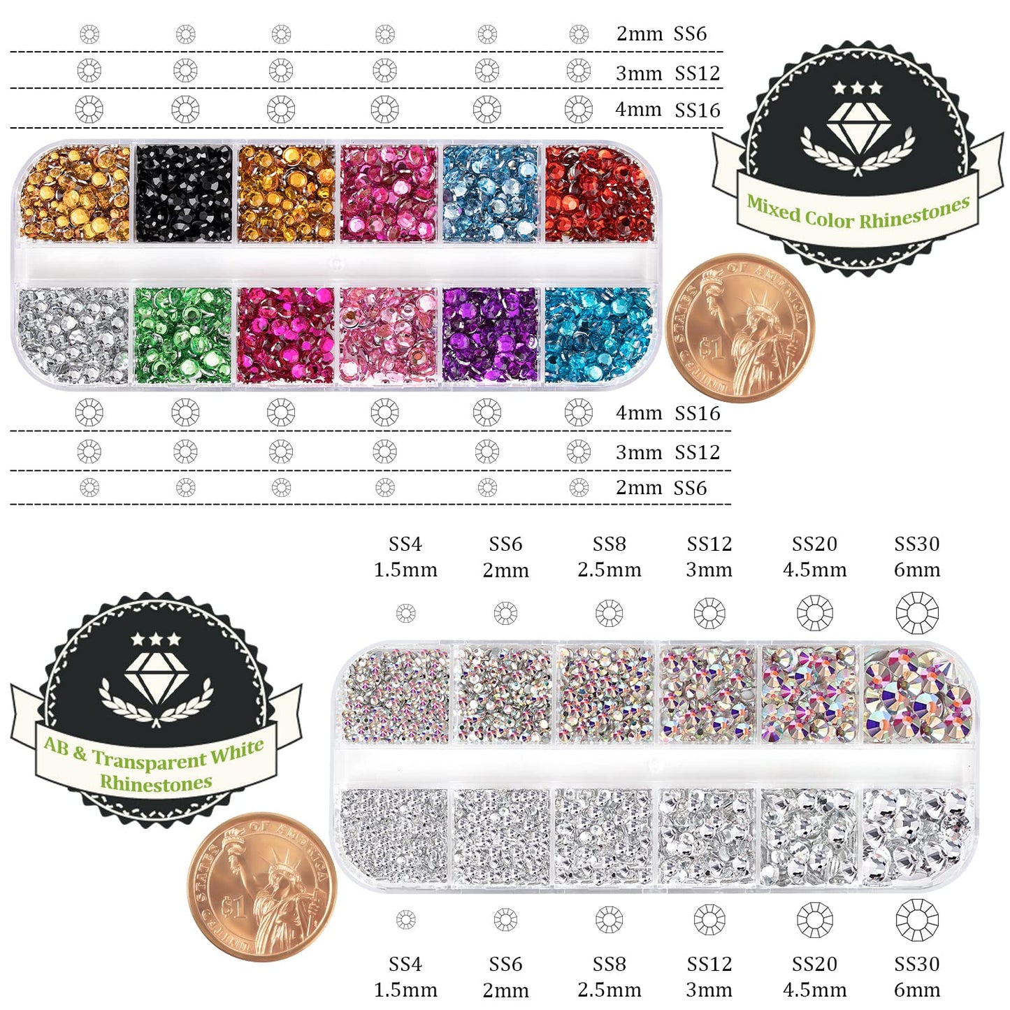 Two Packs of Flatback Rhinestones 4520 Pcs Crystal, Colorful Rhinestones for Nails, Multicolored+ AB+Transparent White Gems with Picker Tools for Bedazzling Nail Crafting Face Makeup-Velvo Beauty
