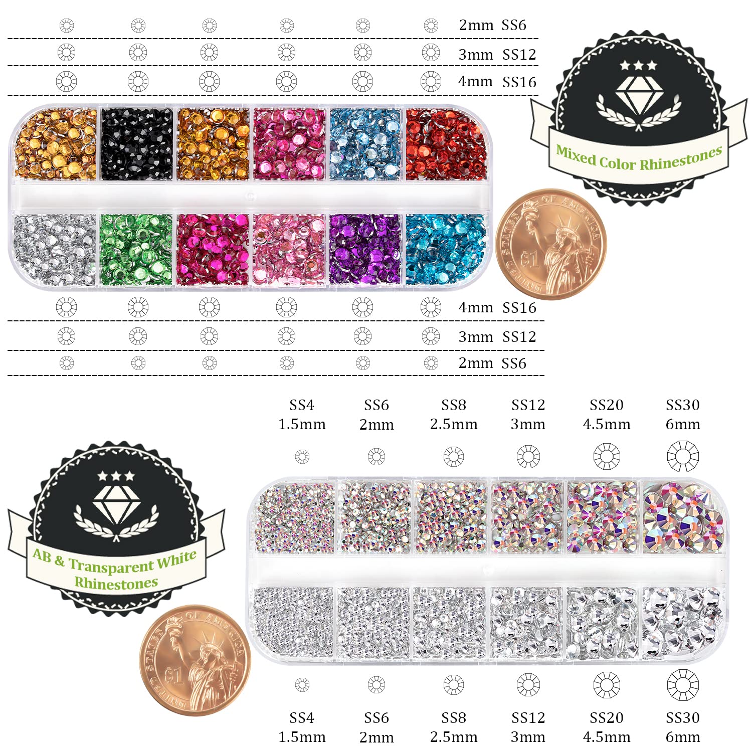 Two Packs of Flatback Rhinestones 4520 Pcs Crystal, Colorful Rhinestones for Nails, Multicolored+ AB+Transparent White Gems with Picker Tools for Bedazzling Nail Crafting Face Makeup-Velvo Beauty