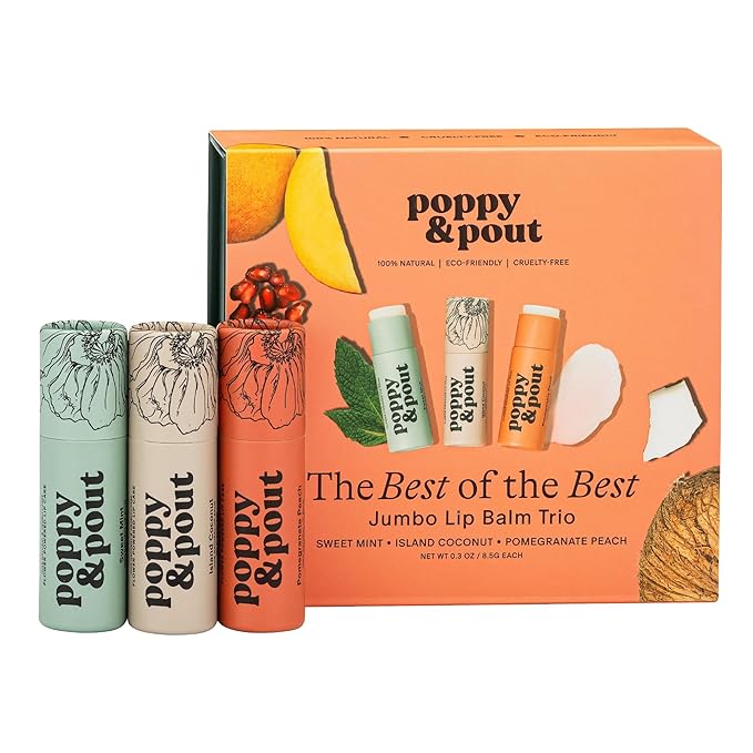 Jumbo Lip Balm Gift Set (3-Pack, Top Flavors) | Poppy & Pout All Natural Lip Balms & Moisturizers | Hydrates with Beeswax, Vitamin E, Organic Coconut Oil | Cruelty-Free | Recyclable Cardboard Tube-Velvo Beauty