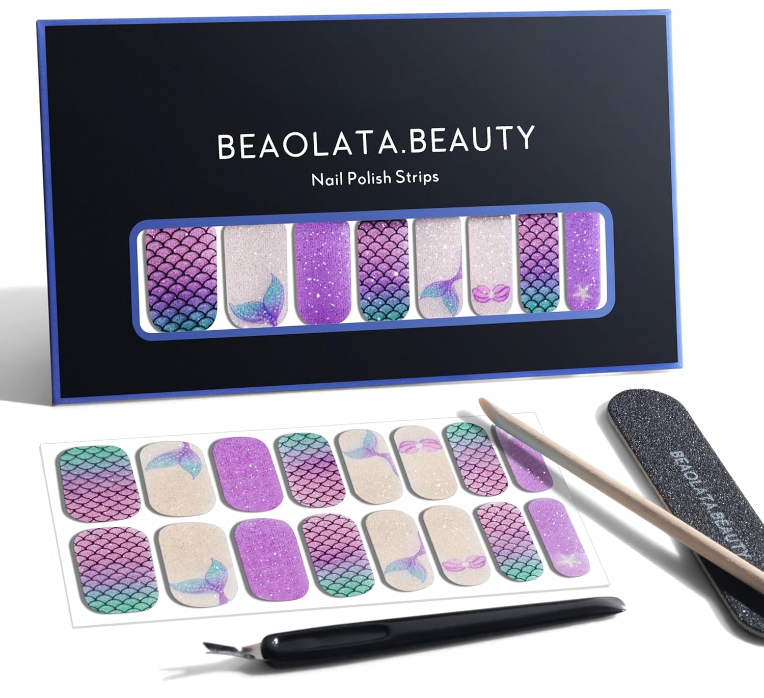 Nail Polish Strips, 32PCS Salon Quality Wraps, Long Lasting Gel Nail Stickers for Women Easy Apply& Remove (Dark Purple&Glitter)-Velvo Beauty