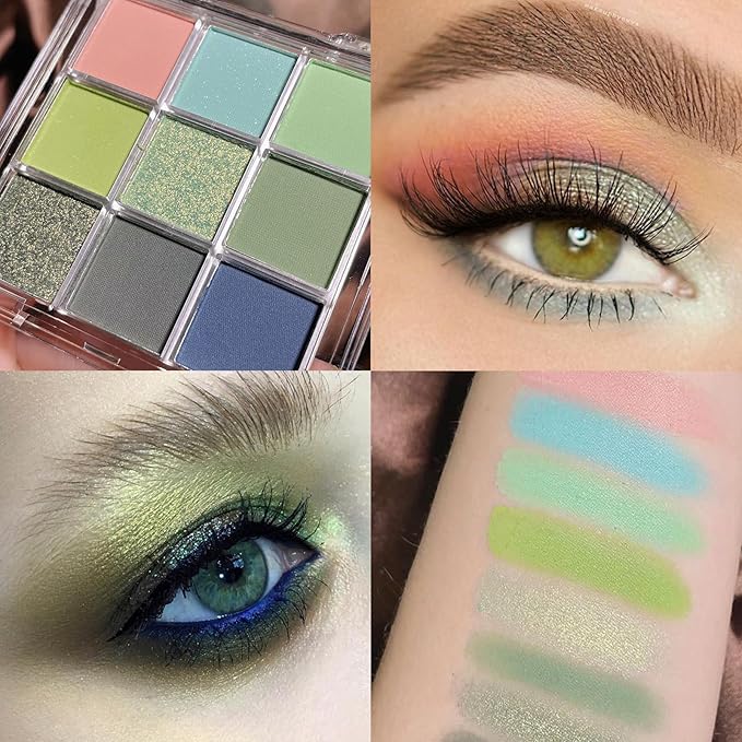 Erinde 9 Colors Eyeshadow Palette, Matte Shimmer Glitter Eye Shadow Palette Makeup, Highly Pigmented Long Lasting Waterproof, Natural Neutral Nude Eyeshadow Make Up Pallet, Blue Green-Velvo Beauty
