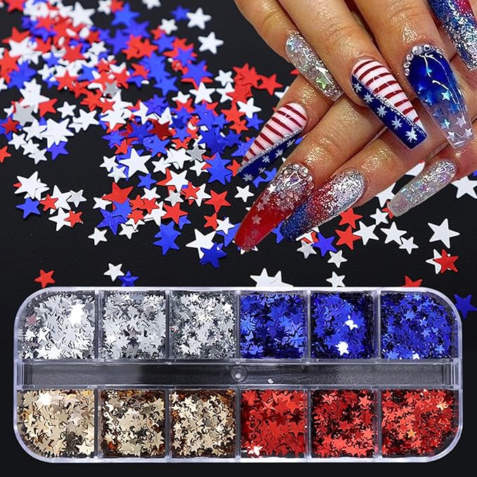12 Grid July 4th Nail Art Glitter Sequins Independence Day Star Nail Decal Gold Glitter Flakes for Women-Velvo Beauty