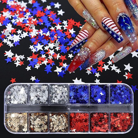12 Grid July 4th Nail Art Glitter Sequins Independence Day Star Nail Decal Gold Glitter Flakes for Women-Velvo Beauty