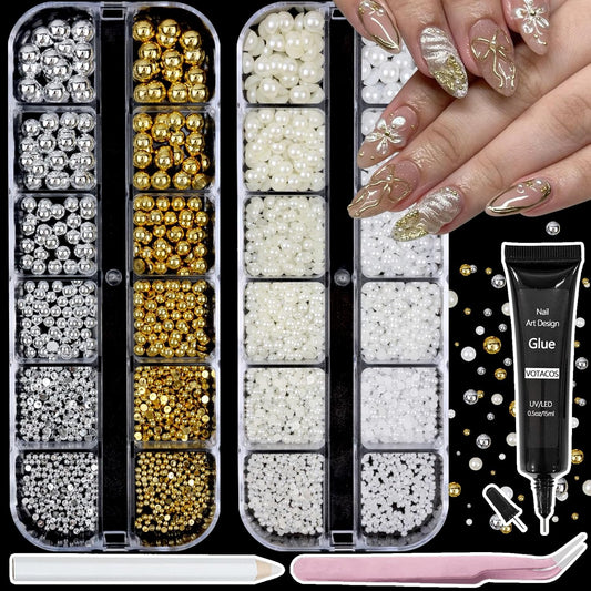 Nail Art Pearls with Rhinestones Glue Gel Flatback Pearls Nail Charms Luxurious Nails Supplies Accessories Silver Gold Gems Pearl Colorful Pearl for Women Nails Design-Velvo Beauty