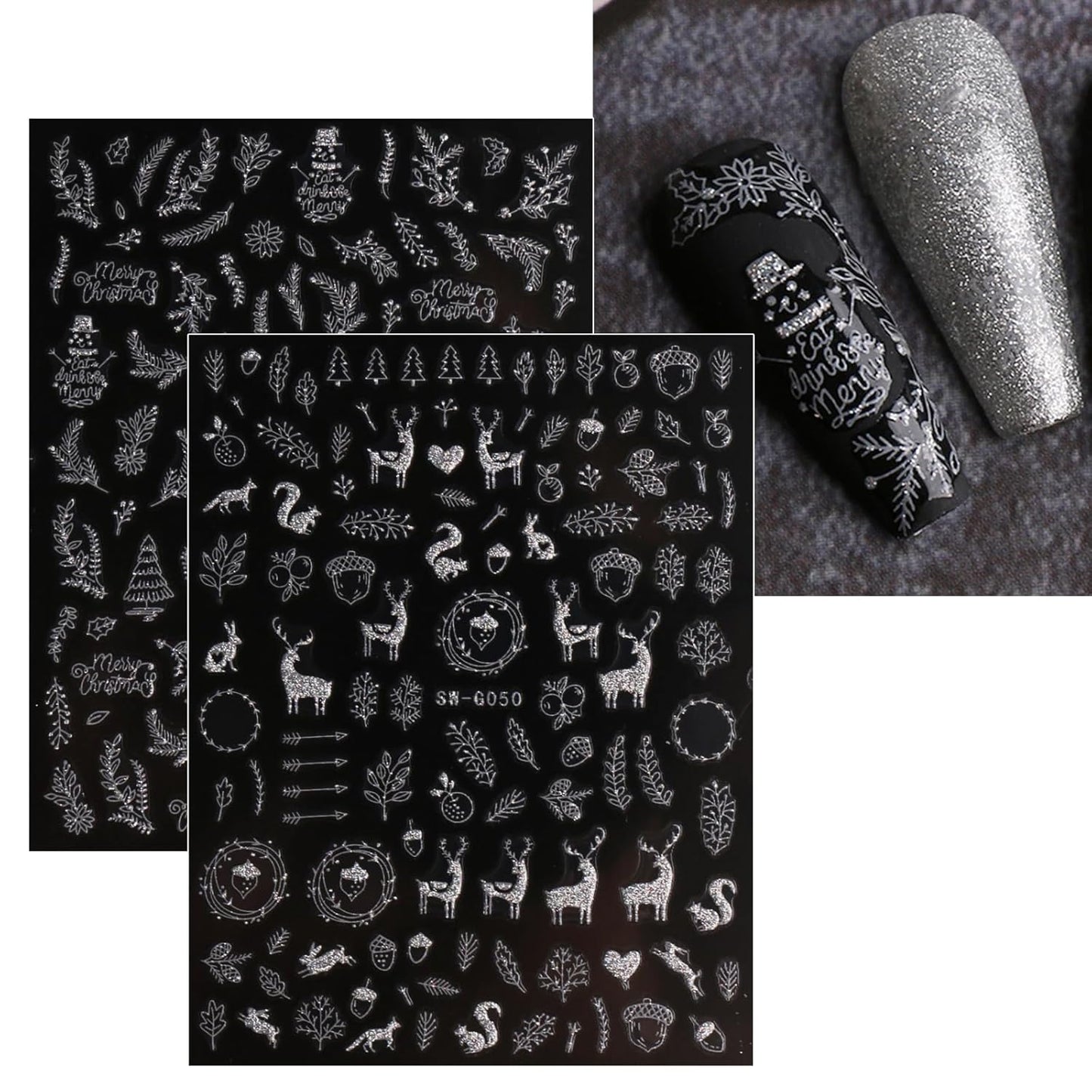 JMEOWIO 9 Sheets Christmas Glitter Nail Art Stickers Decals Self-Adhesive Snowflake Winter Holiday Silver Nail Supplies Nail Art Design Decoration Accessories-Velvo Beauty