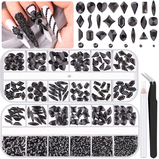 1680Pcs Black Glass Nail Rhinestones 180Pcs Multi Shapes Flatback Nail Gems + 1500Pcs 1.5-4mm Round Crystal, Manicure Nail Charms Diamond Gemstones for Acrylic Nails Decoration-Velvo Beauty