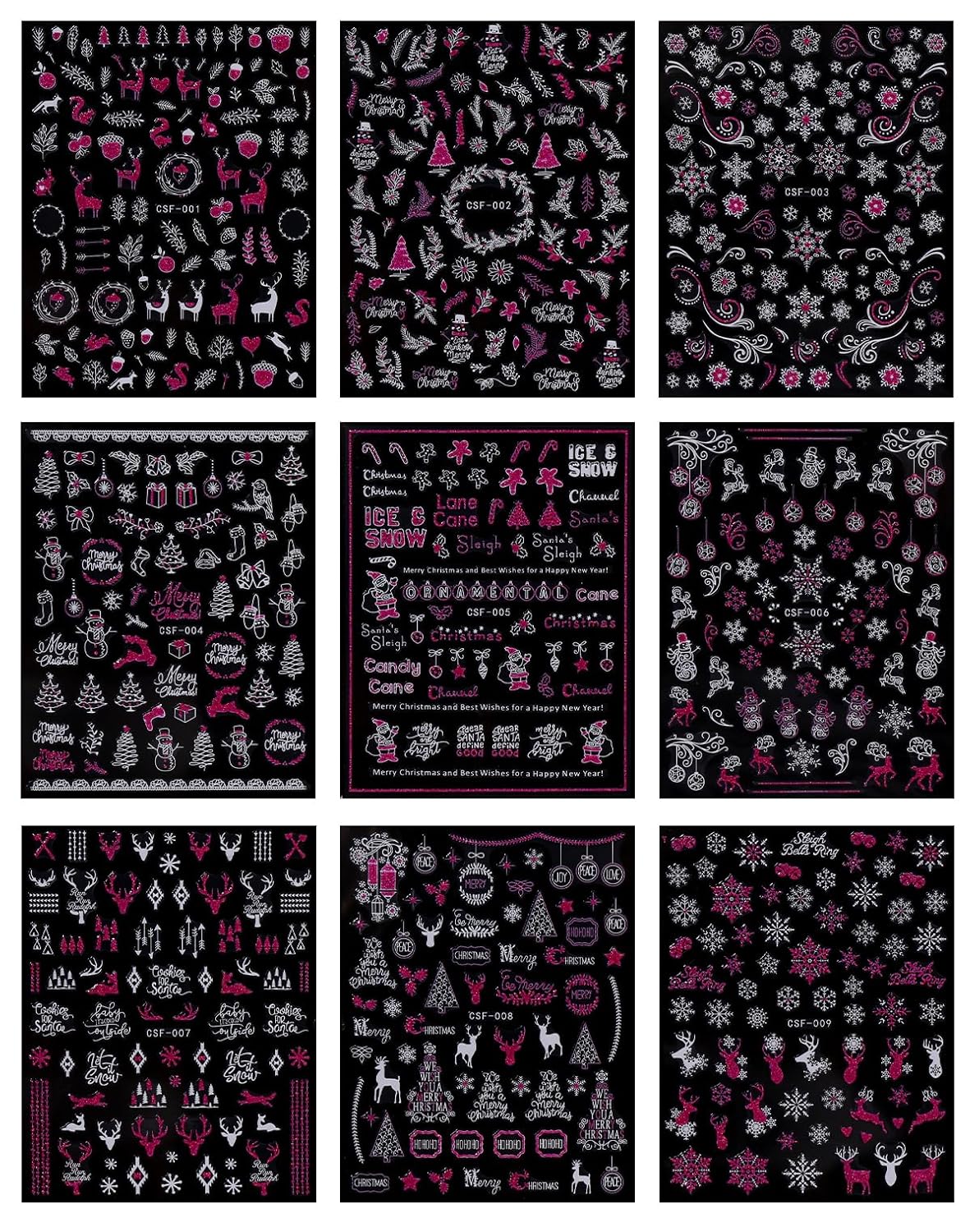 JMEOWIO 9 Sheets Christmas Pink Glitter Nail Art Stickers Decals Self-Adhesive Snowflake Winter Holiday Nail Supplies Nail Art Design Decoration Accessories-Velvo Beauty