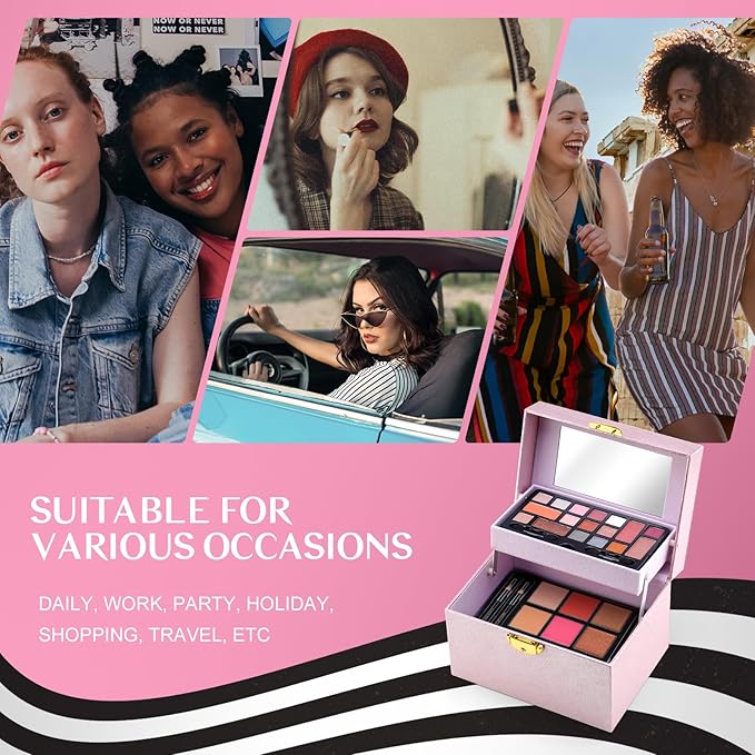 Color Nymph Beginner Makeup Kit For Teens, Girls Makeup kits With Recyclable And Key-Lockable Cabinet Included 17-Colors Eyeshadows Blushes Bronzer Highlighter Lipstick Brushes Mirror(Pink)-Velvo Beauty