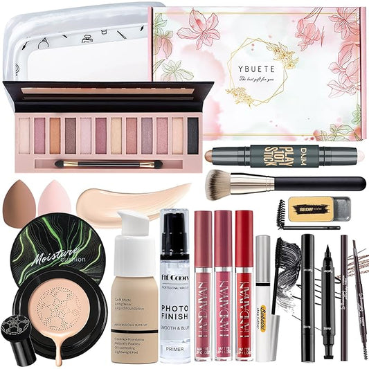 Makeup Kit Set for Women, Makeup Present for Women Teen Girl, Eyeshadow Foundation CC Cream Face Primer, Makeup Brush Sponge, Lipstick, Eyebrow Soap Pencil Mascara Eyeliner Cosmetic bag-Velvo Beauty