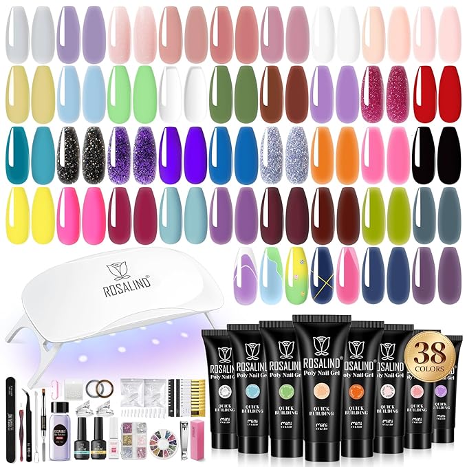 ROSALIND 38PCS Poly Nail Gel Kit with Mini Nail Lamp Neon Blue Poly Extension Gels Kit Hot Pink Nude Poly Nails Set-Velvo Beauty