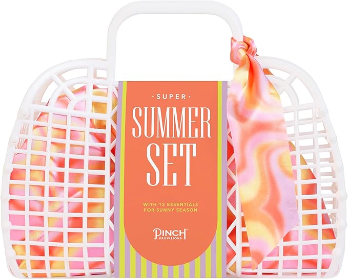 Pinch Provisions Super Summer Jelly Tote, 12 Beach & Poolside Accessories For Beauty, Perfect for Pool & Beach Days, Includes Oil Absorbing Roller, Rechargable Fan, Towel Clips, & Ice Roller-Velvo Beauty