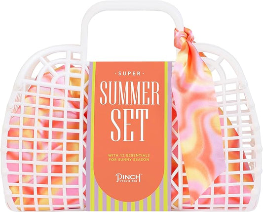 Pinch Provisions Super Summer Jelly Tote, 12 Beach & Poolside Accessories For Beauty, Perfect for Pool & Beach Days, Includes Oil Absorbing Roller, Rechargable Fan, Towel Clips, & Ice Roller-Velvo Beauty