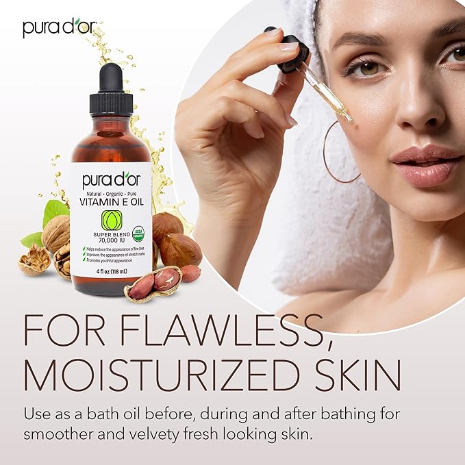PURA D'OR 4 Oz ORGANIC Vitamin E Oil Blend - 100% Natural Hexane Free, Sweet Almond, Apricot, Jojoba, Argan, Rosehip, Sunflower & Avocado Bath Oil For Scars, Skin, Face & Full Body-Velvo Beauty