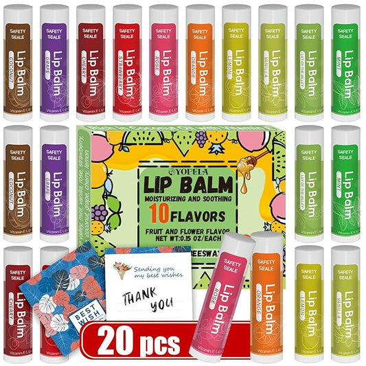 20 Pack Natural Lip Balm Bulk with Vitamin E and Coconut Oil Valentine's Day best choice - Moisturizing, Soothing, and Repairing Dry and Chapped Lips - 10 Flavors - Non-GMO-Velvo Beauty