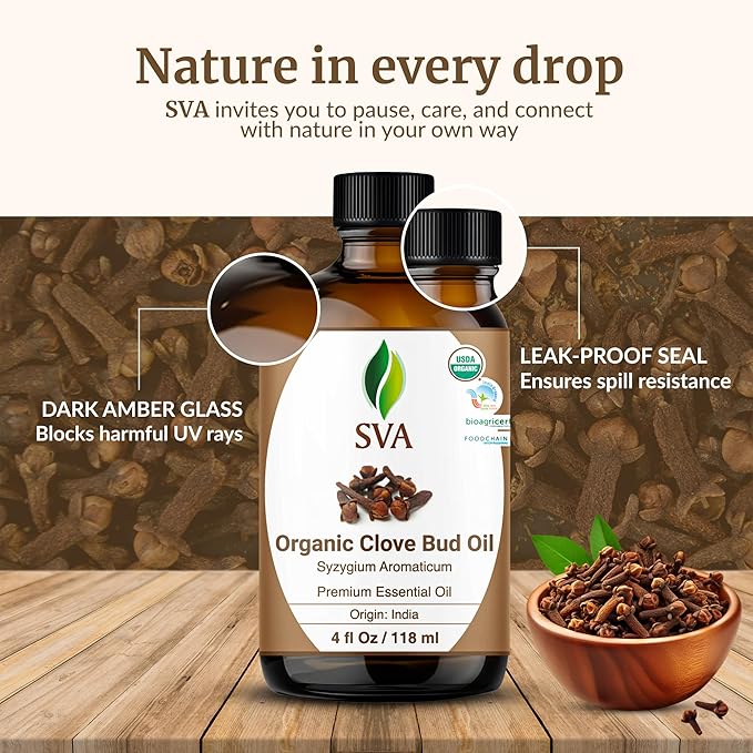 SVA Clove Essential Oil Organic – 4 Fl Oz – 100% Natural Organic Clove Oil - for Diffuser, Hair Care, Face, Skin Care, Aromatherapy, Scalp and Body Massage, Soap and Candle Making - with Dropper-Velvo Beauty