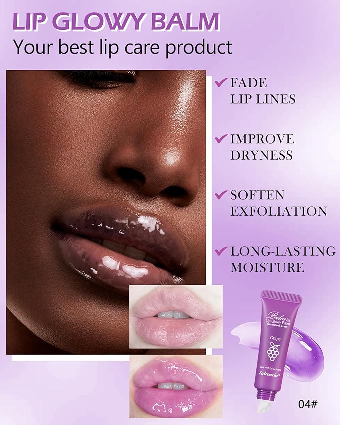 Hydrating Lip Glowy Balm, Ultra-Nourishing Lip Balm for Dry Cracked Lips, Moisturizer Lip Repair Sleeping Lip Mask, Day and Night Lip Care Therapy Treatment,Glossy Smooth Lip Butter Balm-04#Grape-Velvo Beauty