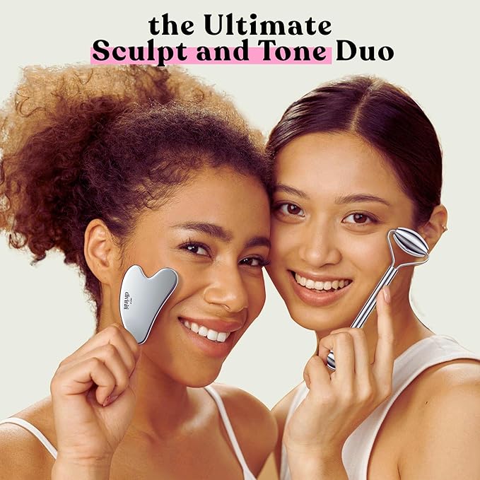 Stainless Steel Face Roller - Premium Gua Sha Facial Tools Stainless Steel GuaSha Tool and Face Roller Set - Gua Sha Stainless Steel Gua Sha Tool - Metal Face Roller and Gua Shua Set - Spa Gifts-Velvo Beauty