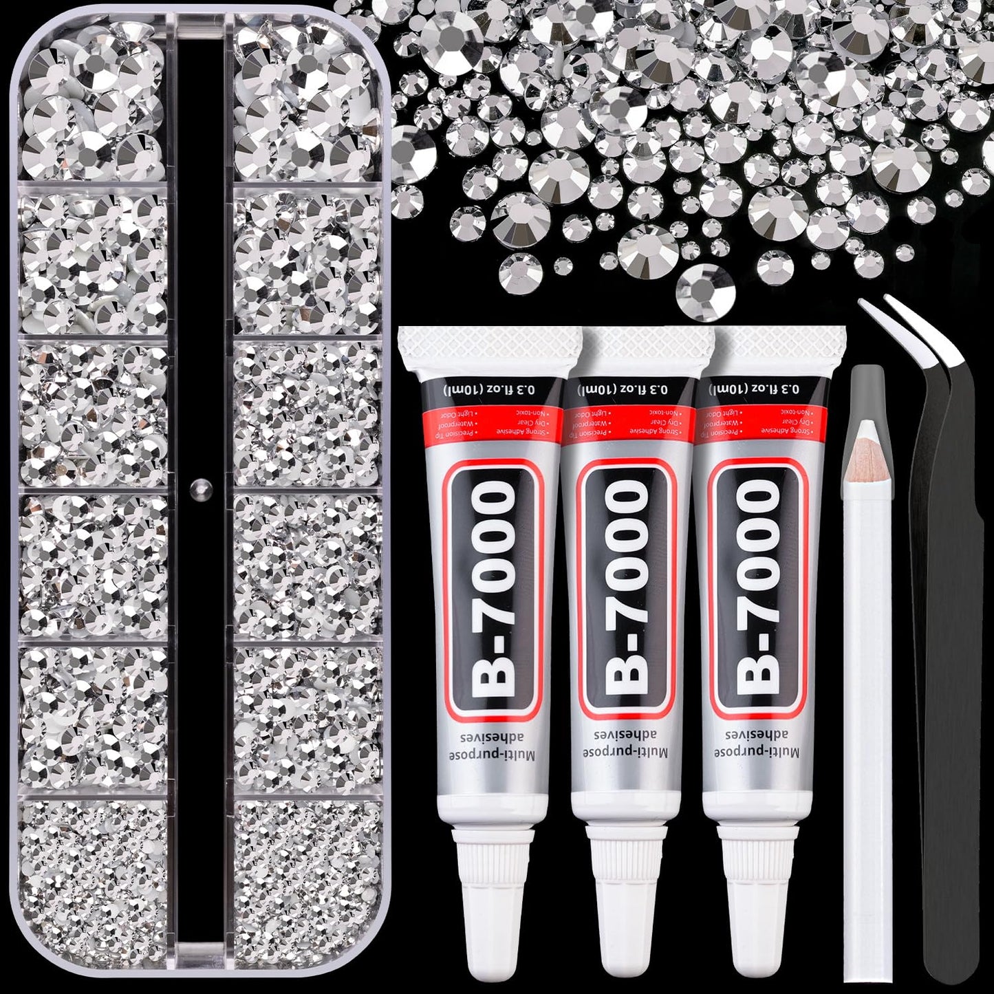 Resin Rhinestones for Crafting with B7000 Jewelry Glue, 1 Box Silver Flatback Crystals with 3Pcs 10ml Glue for Bedazzling Crafts DIY Nail Art Makeup，Non Hotfix Gems for Clothing Shoes-Velvo Beauty