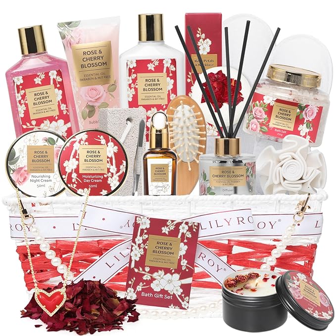 Mothers Day Gifts for Mom Rose & Cherry Blossom Spa Gift Set for Women - 19-Piece Luxury Bath & Body Care Kit with Necklace, DIY Chain, Shower Gel | Valentine's Day, Christmas Gifts for Her, Wife-Velvo Beauty
